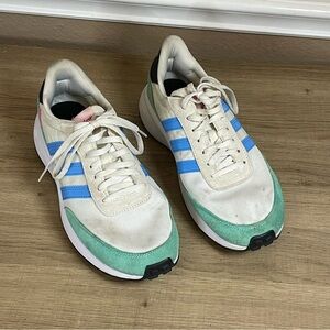 White and Blue and Teal Adidas Running Shoe Sneaker